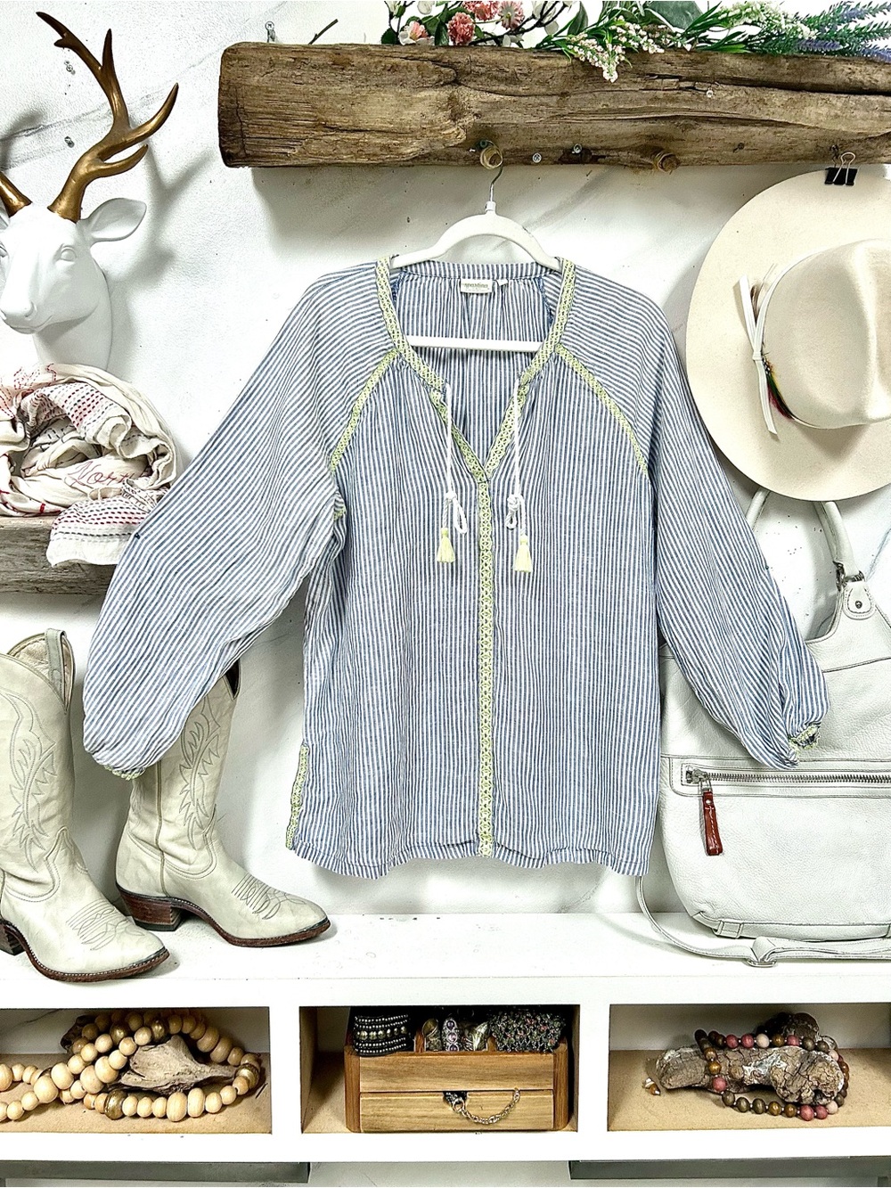Linen crochet detailing Blue & White Striped Peasant costal Blouse w Tassel Tie